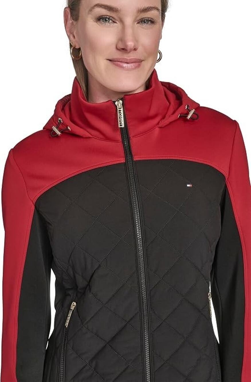 Tommy Hilfiger Quilted Scuba Jacket Women Medium Black Red Colorblock Hooded NWT